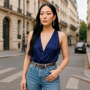 Cami NYC Sz XS The Ariel 100% Silk Bodysuit in Sapphire Sleeveless Deep V-Neck